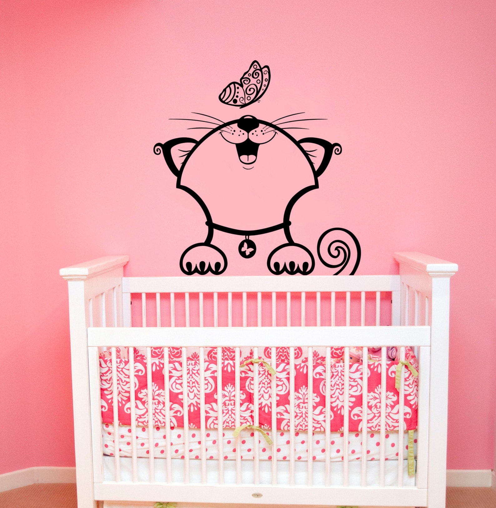 Funny Cat Wall Decal Vinyl Sticker Cat With Butterfly Murals Etsy