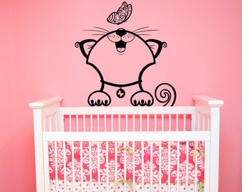 Removable Wall Decal - Funny Cartoon Cat Playing With Butterfly, Nursery & Kids Room Wall Art | Vinyl Sticker For Home Decor, Easy Apply & Remove - View #10