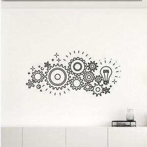 Calcomanía de vinilo para pared con diseño de engranajes, mecánico, rueda dentada, ingeniería, trabajo en equipo, oficina, interior, arte para el hogar, decoración de laboratorio de ciencias, arte de pared para aula, 51nr