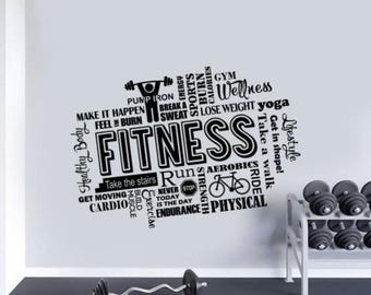 Calcomanía de vinilo para pared con frase "Fitness", "Deporte, Gimnasio, Nube de Palabras", decoración extraíble para el hogar (1,5 m/1,8 m)
