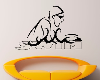 May include: Black and white silhouette of a swimmer with the word "SWIM" underneath. The swimmer is wearing a cap and goggles and is in a swimming stroke position.