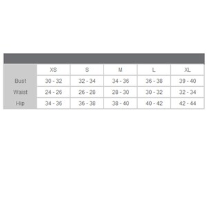 May include: Size chart showing bust, waist, and hip measurements in inches for clothing sizes XS, S, M, L, and XL.