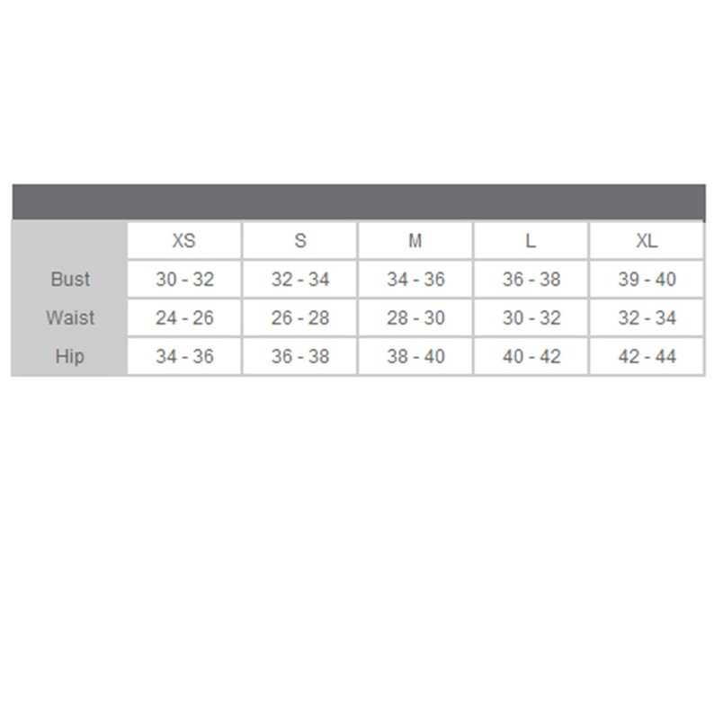 May include: Size chart showing bust, waist, and hip measurements in inches for clothing sizes XS, S, M, L, and XL.
