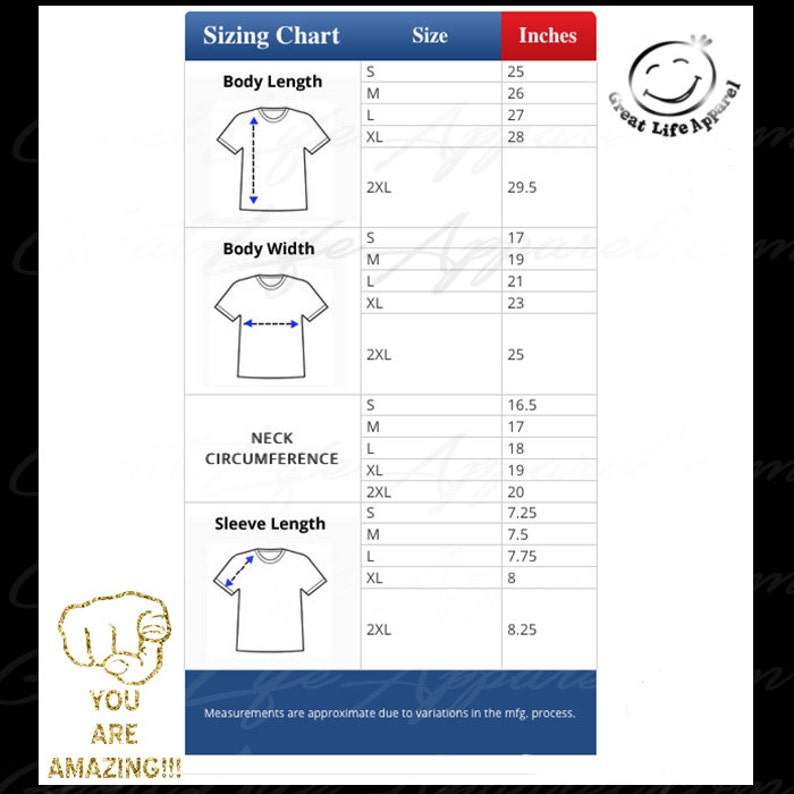 Puede incluir: Tabla de tallas para camisetas con medidas en pulgadas para la longitud del cuerpo, el ancho del cuerpo, la circunferencia del cuello y la longitud de la manga. Las tallas incluyen S, M, L, XL y 2XL.