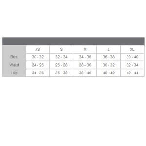 May include: Size chart showing bust, waist, and hip measurements in inches for clothing sizes XS, S, M, L, and XL.