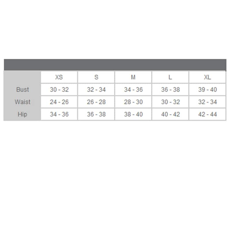 May include: Size chart showing bust, waist, and hip measurements in inches for clothing sizes XS, S, M, L, and XL.