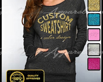 CUSTOM OFF SHOULDER Sweatshirt, Custom Tees, Customized Sweaters, Personalized Shirts, Customized Eco Sweatshirts, Custom Glitter Shirt