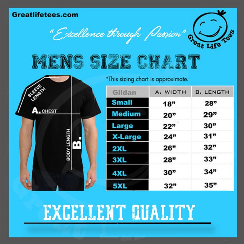 May include: A size chart for men's t-shirts, showing the measurements for width and length in inches for different sizes, from small to 5XL. The chart is on a blue background with the text "Great Life Tees" and "Excellence through Passion" at the top.