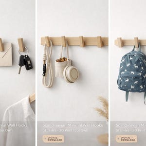 Puede incluir: Ganchos de pared de madera con varios objetos colgando, incluyendo llaves, un bloc de notas, una correa, una mochila y un sombrero. Los ganchos están montados en una pared blanca. El texto "Scandinavian Minimal Wall Hooks" es visible.