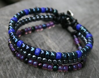 hematite purple bracelet wrapped Bracelet, leather Bracelet, Beaded bracelet, SEED BEAD bracelet, BEADED cuff, for her or him, boho bracelet