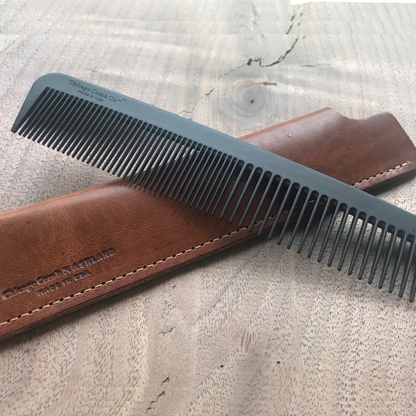 Model 6 Carbon Fiber comb + English Tan Horween leather sheath set, Made in USA, with free custom-engraving