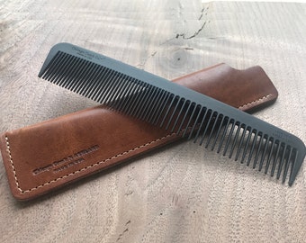 Model 6 Carbon Fiber comb + English Tan Horween leather sheath set, Made in USA, with free custom-engraving