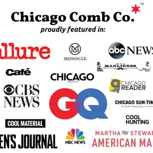 Może przedstawiać: Białe tło z tekstem "Chicago Comb Co." w kolorze czarnym, po kt&oacute;rym następuje tekst "proudly featured in:" r&oacute;wnież w kolorze czarnym. Obraz zawiera logo r&oacute;żnych publikacji i medi&oacute;w, w tym Allure, Monocle, ABC News, Cafe, Chicago Magazine, CBS News, GQ, Chicago Reader, Chicago Sun-Times, Cool Hunting, Men's Journal, NBC News i Martha Stewart American Made.