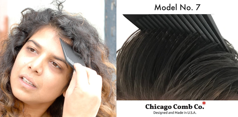 Może przedstawiać: Czarny plastikowy grzebień z czerwonym logo gwiazdy i tekstem "Chicago Comb Co. Designed and Made in U.S.A.". Grzebień jest oznaczony jako "Model No. 7".