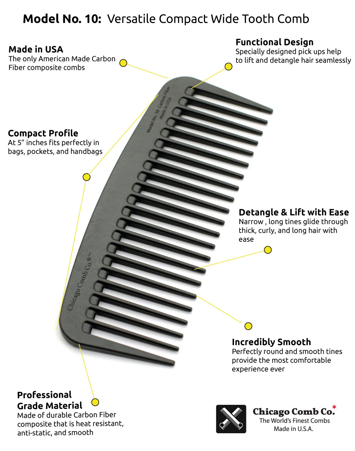 Chicago Comb Model 10 Carbon Fiber, Compact Wide-tooth Comb, Made in ...