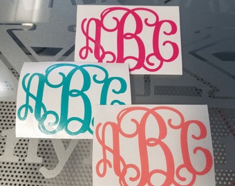 May include: Three monogram decals with the letters ABC. The top decal is pink, the middle decal is teal, and the bottom decal is coral.