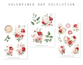 Valentines Day Floral Sticker Collection |  Washi Stickers for Journaling and Planners | Clear Backed Sheets