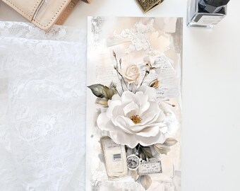 White Floral Printed Cover Dashboard for Traveler’s Notebook – Standard Size | Journal Decor | TN Planner Accessory D102