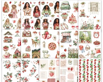 Strawberry Meadows Sticker Collection |  Washi Stickers for Journaling and Planners | Clear Backed Aesthetic Sticker Sheets