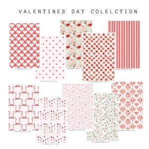 May include: A collection of Valentine's Day-themed planner papers. The papers feature various patterns, including hearts, roses, bows, and stripes in shades of red, pink, and white. The text "VALENTINES DAY COLELCTION" is at the top.