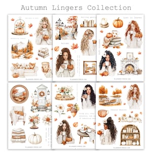 Könnte beinhalten: Eine Sammlung von Planer-Stickern zum Thema Herbst mit Aquarellillustrationen. Die Sticker zeigen Frauen mit Kürbissen, gemütlichen Szenen, Herbstlaub und Text wie "Autumn Lingers Collection" und "Soft October".