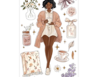 Comfy Spring Girl Sticker Sheet | Cozy Spring Washi Stickers for Journaling & Planners | Clear Backed Aesthetic Sticker Physical SC004