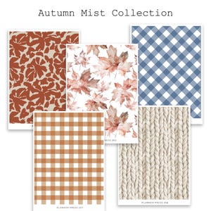 May include: The "Autumn Mist Collection" features six different designs. The designs include a rust-colored floral pattern, watercolor maple leaves, a blue gingham check, a tan and white cable knit, and a brown and white gingham check.