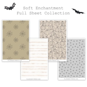 May include: A collection of planner sheets with various patterns. Designs include spiderwebs, pumpkins, stripes, and polka dots. The text "Soft Enchantment Full Sheet Collection" is displayed at the top. Each sheet is labeled with "Planner Press" and a number.