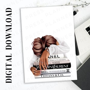 May include: Digital download art print featuring a fashion illustration. The image shows a person resting their head on a stack of books with titles like "Chanel" and "Vogue". The words "Digital Download" are printed on the left side.