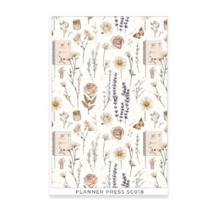May include: A planner with a floral pattern featuring roses, daisies, lavender, and butterflies in soft pastel colors. The design includes small jars and books, with the text "PLANNER PRESS SC018" at the bottom.