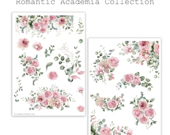 Romantic Academia Floral Sticker Sheet |  Washi Stickers for Journaling and Planners | Clear Backed Aesthetic Sticker Sheets