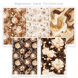 May include: The "Espresso Lace Collection" features five different designs. The designs include coffee cups with latte art, floral patterns, and abstract swirls in shades of brown and cream. The text "PLANNER PRESS" is visible on some designs.