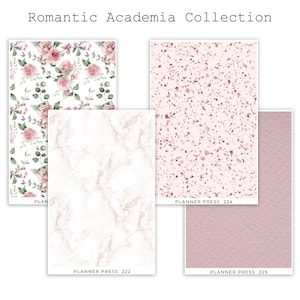May include: The image showcases the "Romantic Academia Collection" with various planner designs. The designs include floral patterns, marble textures, a terrazzo pattern, and a solid pink leather-like texture. Each design is rectangular and labeled with "PLANNER PRESS" and a number.
