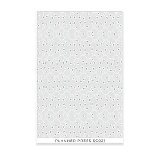 May include: A rectangular sheet with a repeating pattern of white, organic shapes on a light gray background. The shapes resemble small leaves or berries connected by thin, curved lines. The text "PLANNER PRESS SC021" is printed at the bottom.
