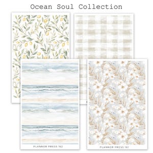 May include: Four decorative paper sheets with various patterns. The top left features a lemon and olive branch design. The top right has a beige and white plaid pattern. The bottom left shows a beach scene, and the bottom right has white flowers. The text "Ocean Soul Collection" is at the top.