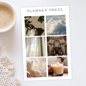 May include: A white print titled "PLANNER PRESS" featuring six square images. The images include a flower, clouds, a window, a building, and a lit candle. A cup of coffee and a knitted item are in the background.