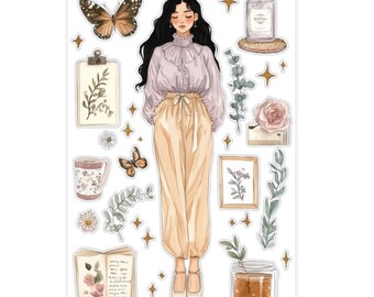 Comfy Spring Girl Sticker Sheet | Cozy Spring Washi Stickers for Journaling & Planners | Clear Backed Aesthetic Sticker Physical SC001