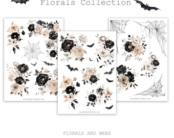 Soft Enchantment Floral Spider Web Halloween Sticker Collection |  Washi Stickers for Journaling and Planners | Clear Backed Sheets