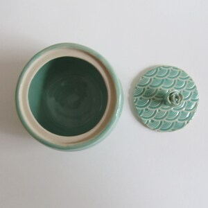 Handmade ceramic Jar, Sugar bowl, Pottery Jar with lid, hand carved designs, Bermuda green, Unique gift idea, READY TO SHIP image 3