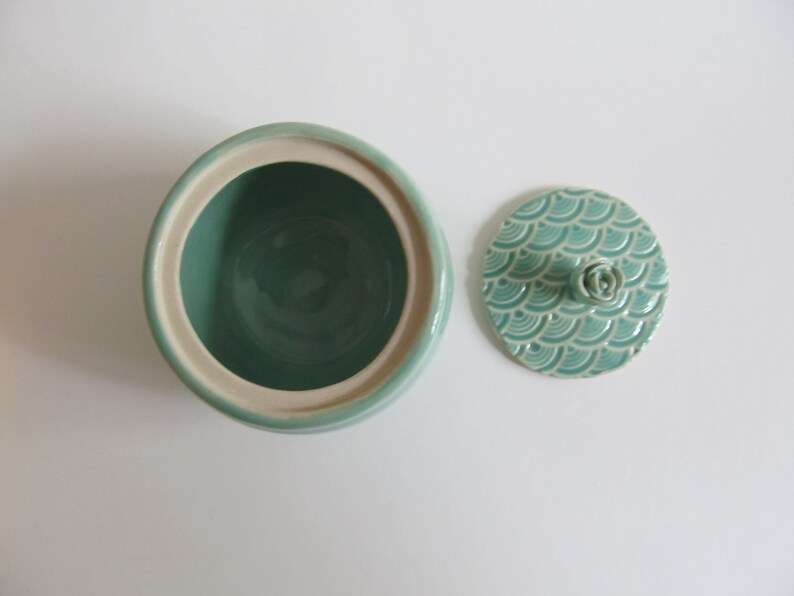 Handmade ceramic Jar, Sugar bowl, Pottery Jar with lid, hand carved designs, Bermuda green, Unique gift idea, READY TO SHIP image 3