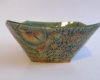 Soup bowl, Cereal bowl, Handmade Ceramic Square Bowl, Green and orange glaze, pottery, Unique gift idea, READY TO SHIP