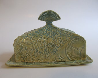 Emerald Ceramic Butter dish, Intricate patterns, Unique Mother's Day Gift, Ready to ship