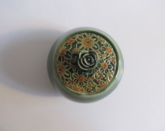 Handmade ceramic Jar, Sugar bowl, Pottery Jar with lid, Intricate design, green and orange, Unique gift idea, READY TO SHIP