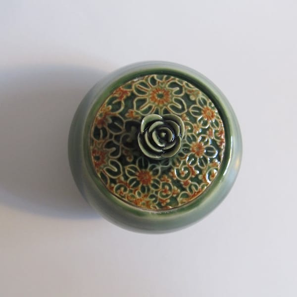 Handmade ceramic Jar, Sugar bowl, Pottery Jar with lid, Intricate design, green and orange, Unique gift idea, READY TO SHIP
