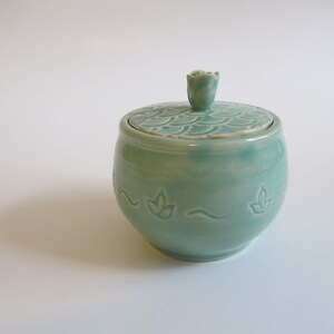 Handmade ceramic Jar, Sugar bowl, Pottery Jar with lid, hand carved designs, Bermuda green, Unique gift idea, READY TO SHIP image 4