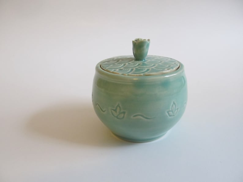 Handmade ceramic Jar, Sugar bowl, Pottery Jar with lid, hand carved designs, Bermuda green, Unique gift idea, READY TO SHIP image 4