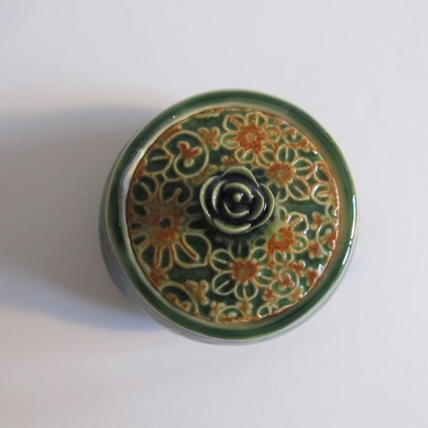 Handmade ceramic Jar, Sugar bowl, Pottery Jar with lid, hand carved designs, green and orange, Unique gift idea, READY TO SHIP