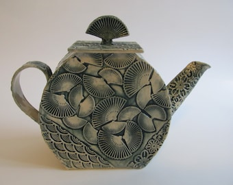Ceramic Handmade Teapot, Pottery Teapot, Intricate Design, Blue/Green and white, Unique gift, READY TO SHIP