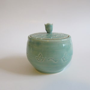 Handmade ceramic Jar, Sugar bowl, Pottery Jar with lid, hand carved designs, Bermuda green, Unique gift idea, READY TO SHIP image 1