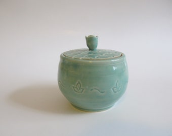 Handmade ceramic Jar, Sugar bowl, Pottery Jar with lid, hand carved designs, Bermuda green, Unique gift idea, READY TO SHIP